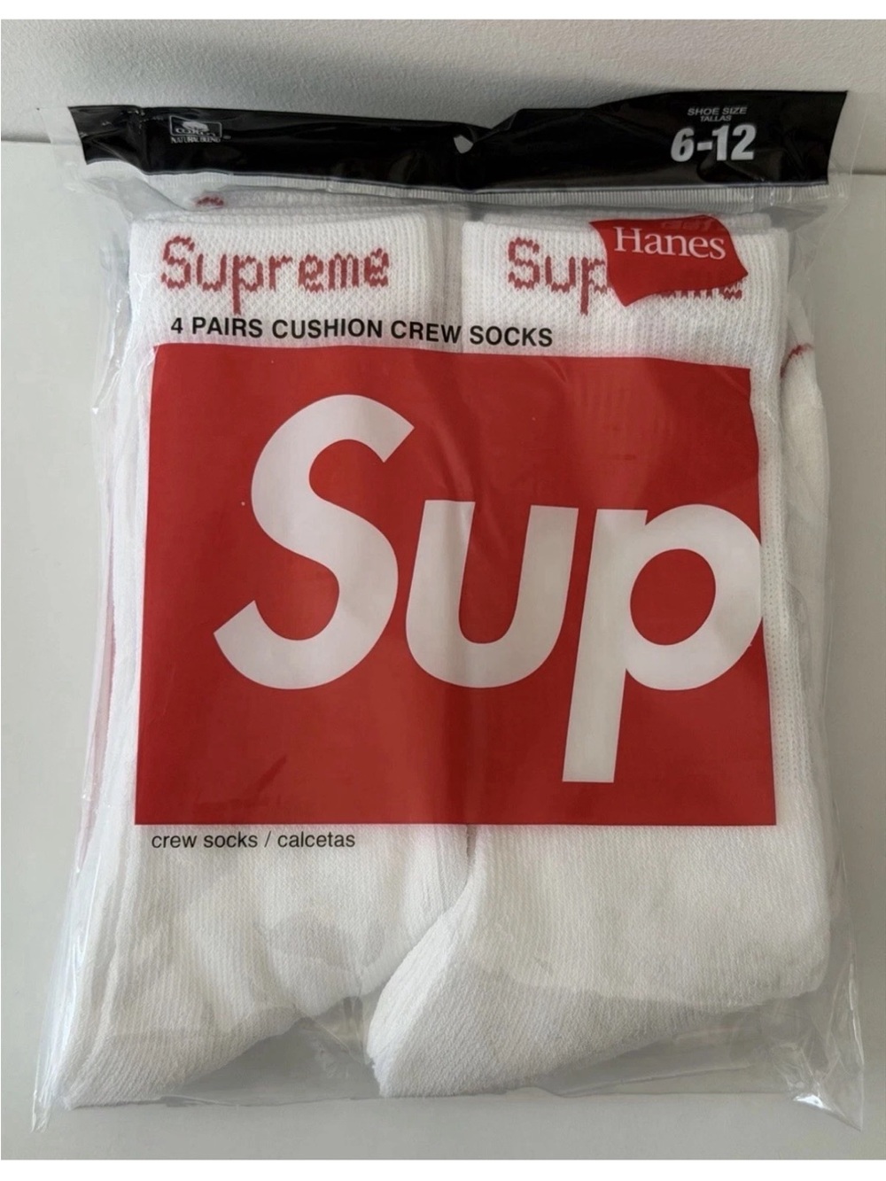 Supreme X Hanes Crew Socks - White, 2 Pack, Size 6-12